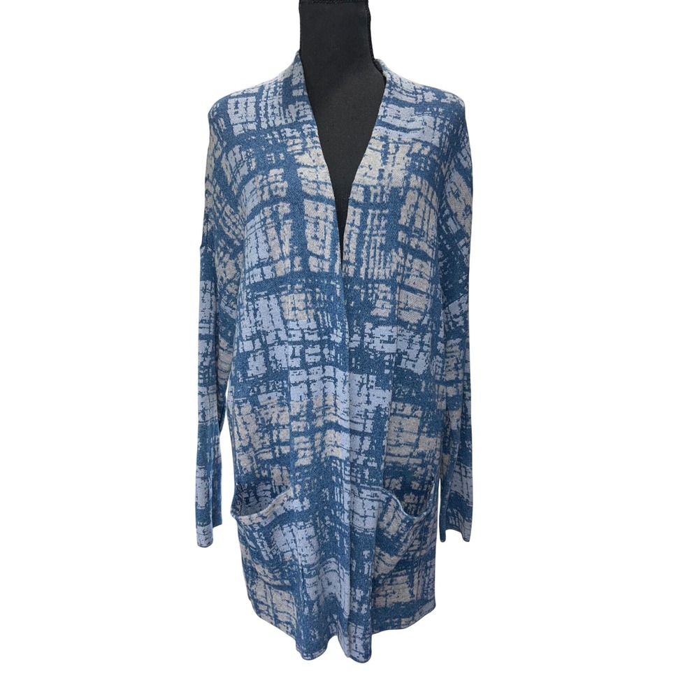 Indigo Pure Jill Women's Blue Tan Plaid Long Open Front Cardigan‎ Sweater M